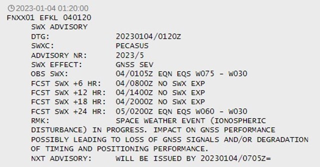 Figur 2: Eksempel på space weather advisory for severe gnss