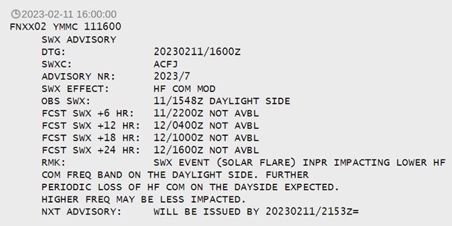 Figur 4: Eksempel på space weather advisory for moderat hf communication