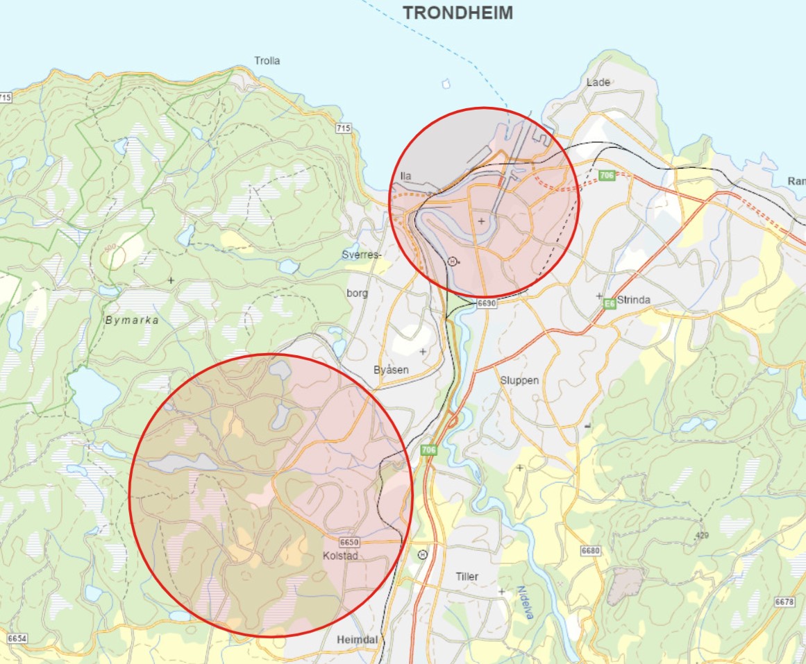 To røde sirkler markerer restriksjonsområdene på kartet over Trondheim.