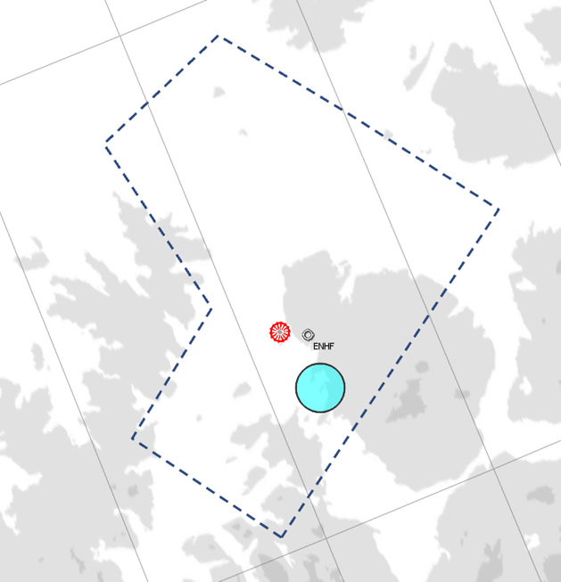 Den horisontale utstrekningen til restriksjonsområdet er utformet som en sirkel med en radius på 1,35 nautiske mil med følgende fotpunkt oppgitt i grader, minutter og sekunder i WGS84: 70°37'49" N 023°38'37"E. Restriksjonsområdet går fra bakken/vannet og opp til 1000 fot over middels havnivå.