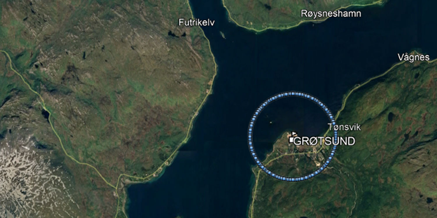 Kart over restriksjonsområdet Grøtsund i Troms.